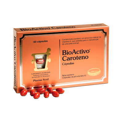 Embalagem de cápsulas BioActivo Caroteno laranja com cápsulas vermelhas