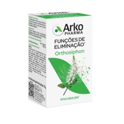 Embalagem branca e verde do suplemento Arko Pharma Orthosiphon com texto e desenho de planta.