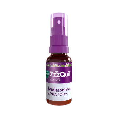Frasco spray oral Melatonina ZzzQuil com etiqueta roxa e branca