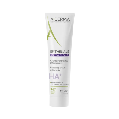 Creme reparador A-DERMA em tubo branco com texto verde, roxo e preto