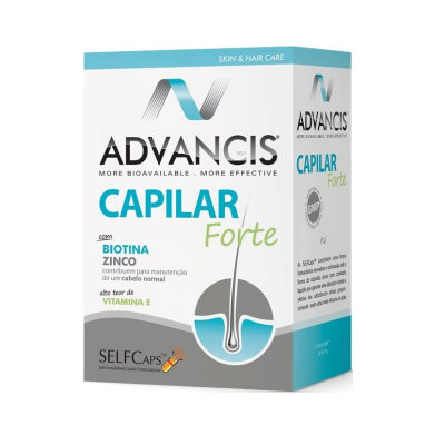 Embalagem do suplemento ADVANCIS CAPILAR Forte com biotina, zinco e vitamina E