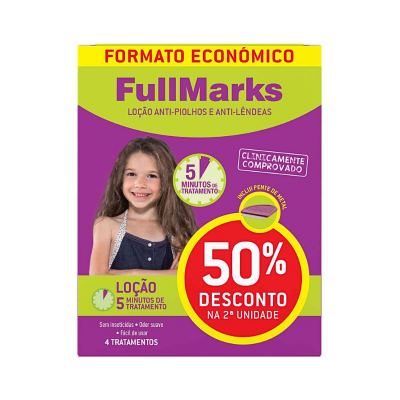 Embalagem de loção anti-piolhos FullMarks com promoção e imagem de criança