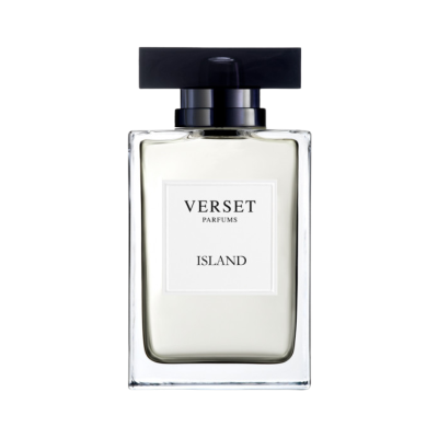 Frasco de perfume Verset Parfums Island com tampa preta