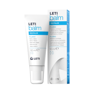 Bálsamo LETI balm REPAIR fluido 10 ml e caixa branca com detalhes azuis