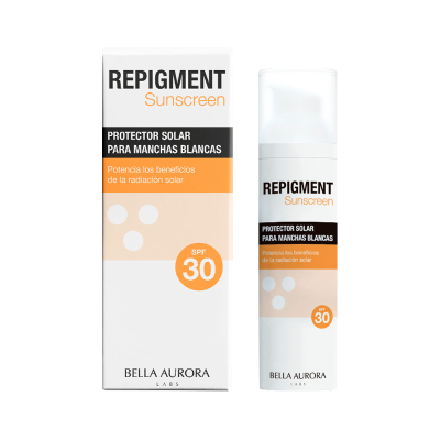 Protector solar Repigment Sunscreen SPF 30 da Bella Aurora com embalagem branca e detalhes laranja e preto