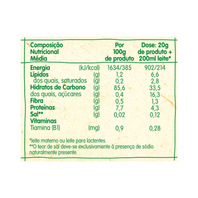 Tabela nutricional em português com valores por 100g e por dose de 20g do produto com 200ml de leite.