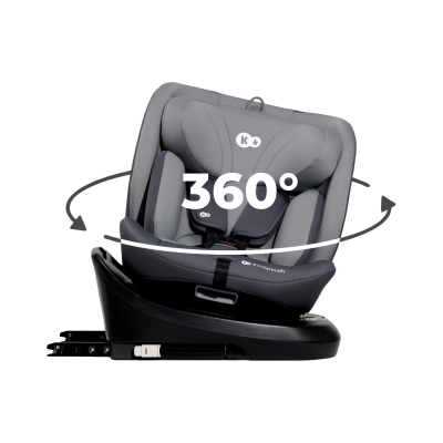 Cadeira de criança cinzenta para carro com base preta e indicação 360 graus