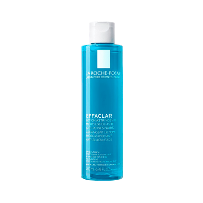 Frasco azul translúcido de loção adstringente Effaclar da La Roche-Posay com tampa branca