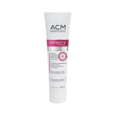 Frasco branco de gel dermatológico ACM DÉPIWHITE ActiveGel 40 ml com texto em rosa e cinzento