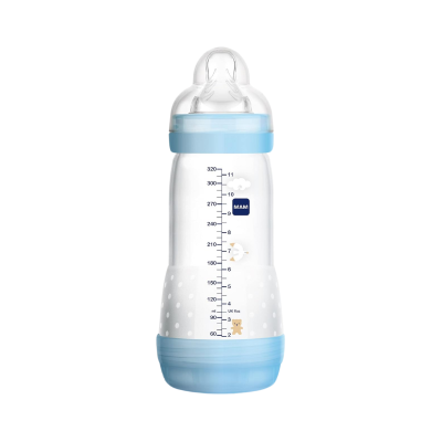 Biberão infantil transparente com tampa azul e desenhos infantis