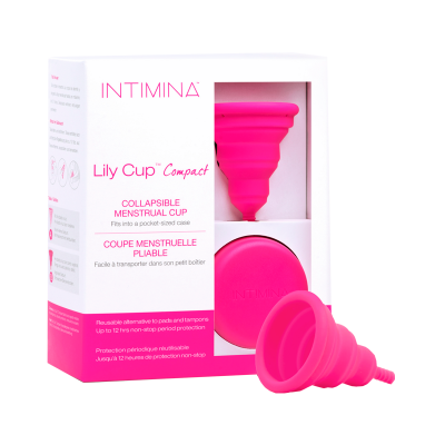 Embalagem branca e rosa INTIMINA Lily Cup Compact com copo menstrual dobrável lilás