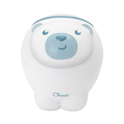 Recipiente plástico em forma de urso polar branco e azul com a marca Chicco