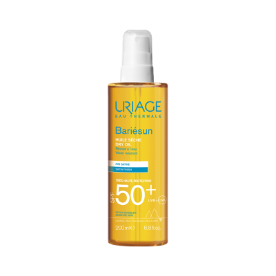 Frasco de óleo seco Uriage Bariésun SPF 50+ amarelo com tampa branca