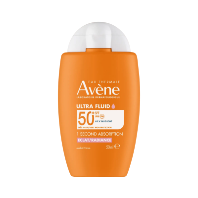Frasco laranja de protetor solar Avène Ultra Fluid SPF 50+