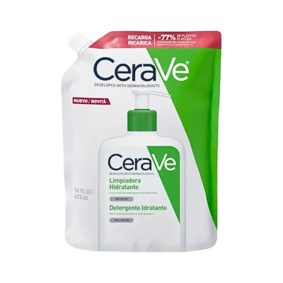 Embalagem recarregável detergente hidratante CeraVe branco e verde