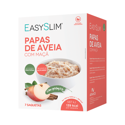 Embalagem de papas de aveia com maçã EasySlim, branca e vermelha, com imagem de papas, maçã e canela