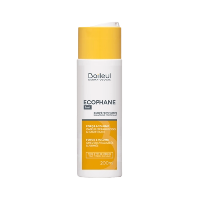 Frasco branco de champô fortificante com tampa amarela e rótulo amarelo