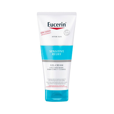 Tubo de gel-creme Eucerin Sensitive Relief para rosto e corpo com tampa azul