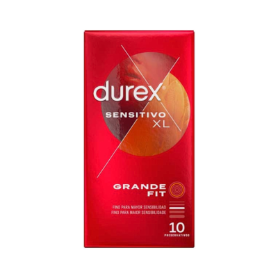Embalagem de preservativos Durex Sensitivo XL Grande Fit vermelha com texto branco e laranja