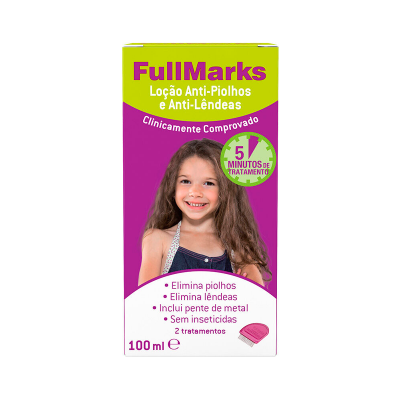 Embalagem de loção anti-piolhos FullMarks com imagem de menina e texto em verde e roxo