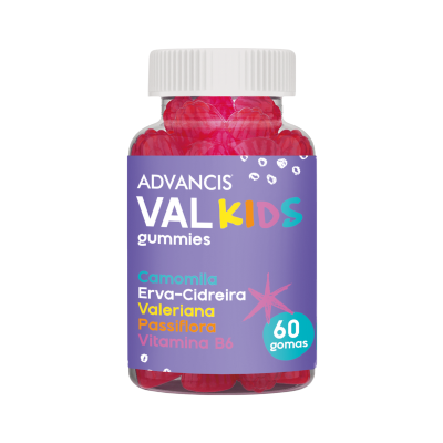 Frasco de gomas vermelhas ADVANCIS VAL KIDS com rótulo roxo e tampa branca