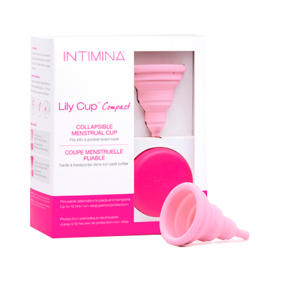 Copo menstrual dobrável rosa e sua embalagem da marca INTIMINA com estojo compacto