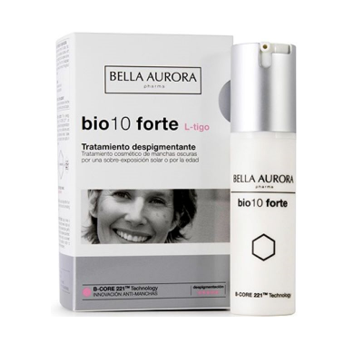 Produto bio 10 forte da Bella Aurora em embalagem branca e frasco branco com tampa prateada