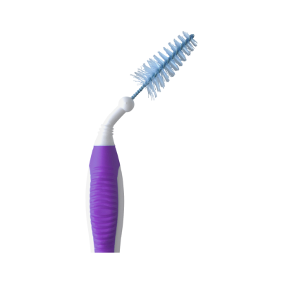 Escova de limpeza para canudos com cabo branco e roxo e cerdas azuis