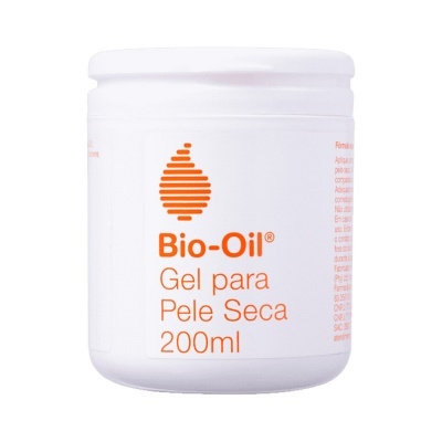 Frasco branco de gel para pele seca Bio-Oil 200ml com texto laranja