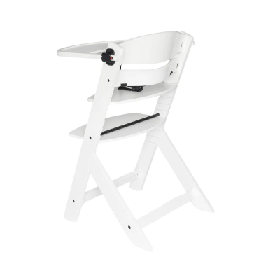 Cadeira alta infantil branca de madeira com mesa e cinto de segurança