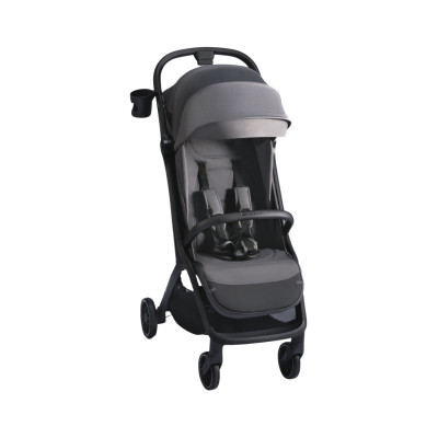 Carrinho de bebé cinza e preto com capota e arnês de cinco pontos