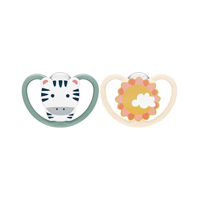 Dois chupetas para bebé com padrões de zebra e sol