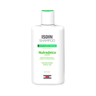 Frasco branco de shampoo ISDIN Nutraderica 200 ml com texto em verde e preto
