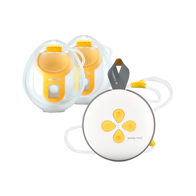 Conjunto de bomba de leite Medela Swing Maxi com copas amarelas e tubos brancos