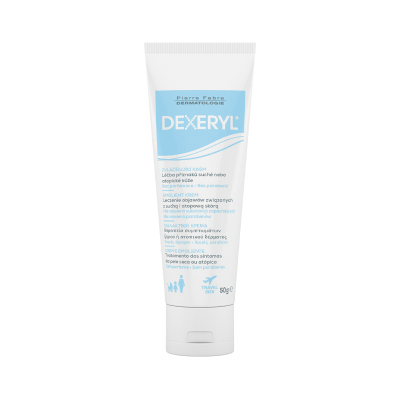 Tubo branco de creme hidratante DEXERYL de 50g com rótulo azul e texto multilíngue, tamanho de viagem