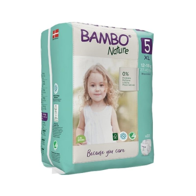 Pacote de fraldas Bambo Nature tamanho 5 XL com imagem de menina loira e texto ecológico