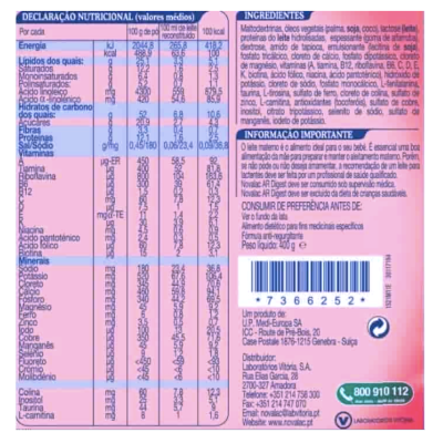 Tabela nutricional e ingredientes em embalagem rosa com texto azul e branco