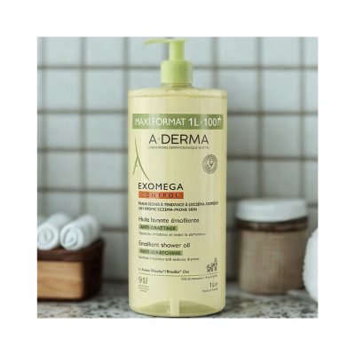 Frasco de óleo de duche A-DERMA EXOMEGA CONTROL de 1 litro com doseador verde