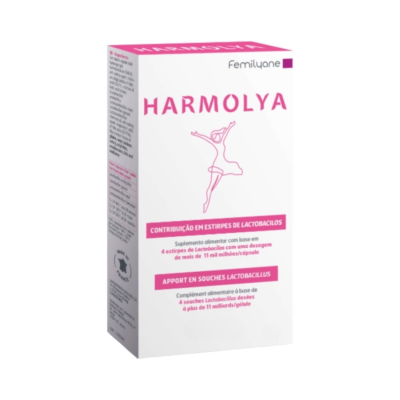 Embalagem do suplemento alimentar Harmolya branco e rosa com desenho de bailarina e texto em português e francês.
