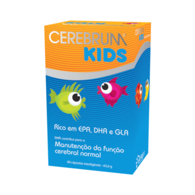 Caixa de suplemento CEREBRUM KIDS azul e laranja com peixes coloridos