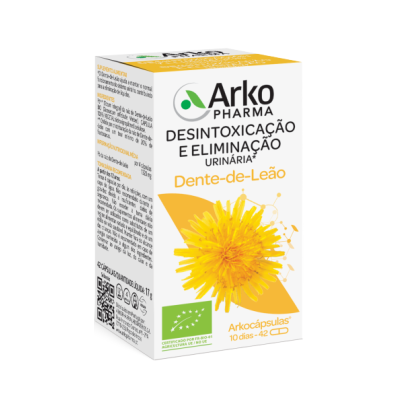 Caixa de suplemento alimentar Arko Pharma Dente-de-Leão com flor amarela e texto em português.