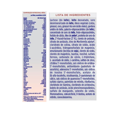 Composição nutricional média e lista de ingredientes em português, lista inclui lactose, leite, óleos vegetais, óleo de peixe e vitaminas.
