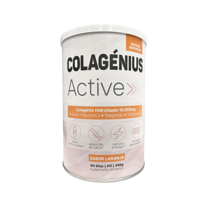 Embalagem de suplemento alimentar Colagénius Active sabor laranja