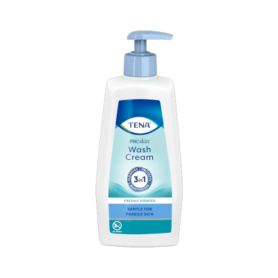 Frasco de creme de limpeza TENA PROskin Wash Cream com doseador azul claro