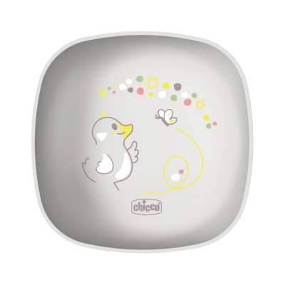 Prato infantil quadrado com ilustração de pato e borboleta, marca Chicco.