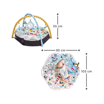 Tapete de atividades para bebé com estrutura amarela e azul e padrões coloridos de animais e oceano