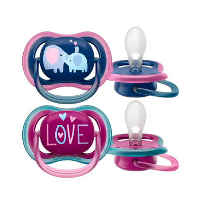 Conjunto de quatro chupetas coloridas com desenhos e texto para bebés