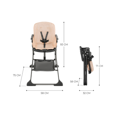 Cadeira alta para bebé bege com cinto preto e estrutura metálica preta, vista aberta e fechada com medidas.