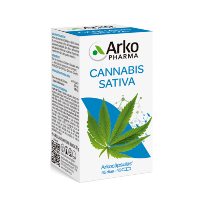 Embalagem de cápsulas Arko Pharma Cannabis Sativa com folha de cannabis verde