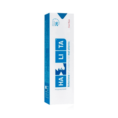 Embalagem de pasta dentífrica HA LITA branca e azul